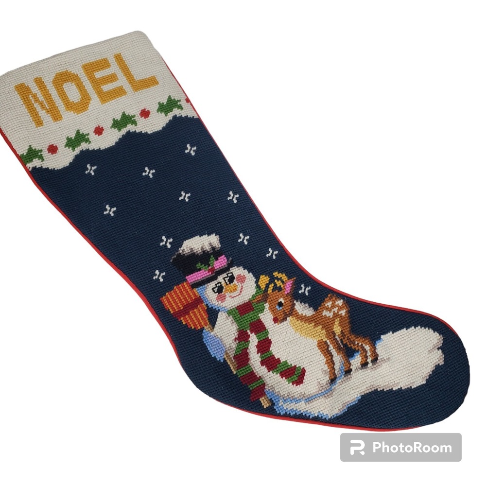 Vintage Christmas Frosty Snowman & Rudolph Stocking Crewel Needle Point Satin